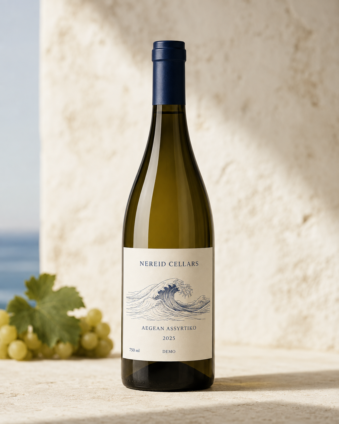 Aegean Assyrtiko — Demo — AI-generated fictional packaging / συνθετική συσκευασία Demo