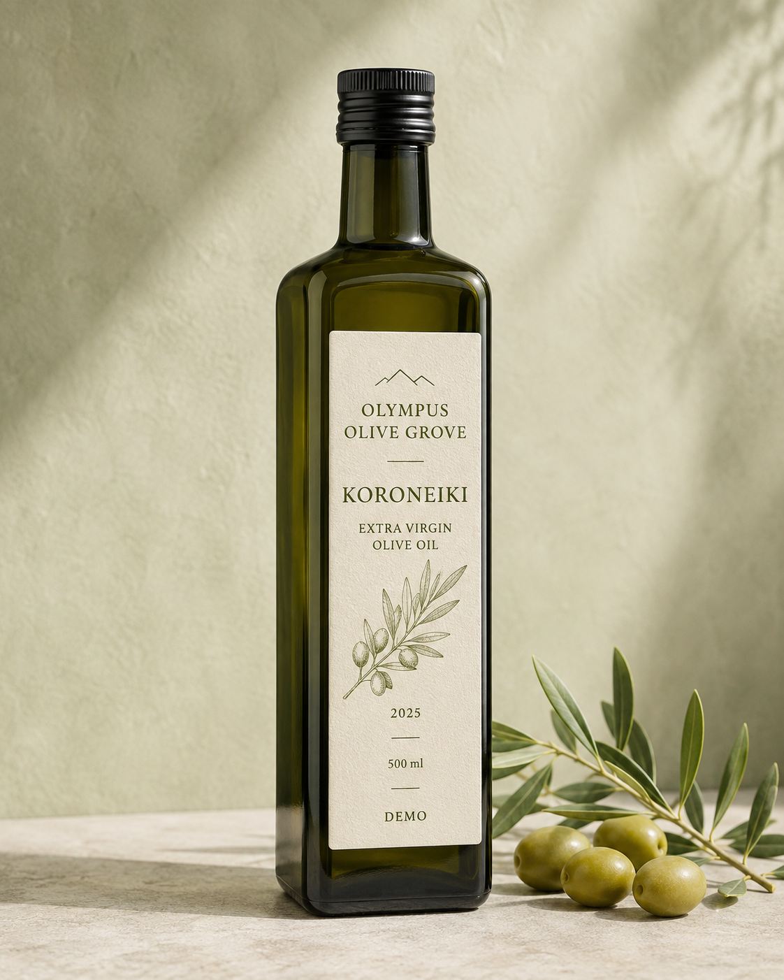 Koroneiki Extra Virgin — Demo — AI-generated fictional packaging / συνθετική συσκευασία Demo