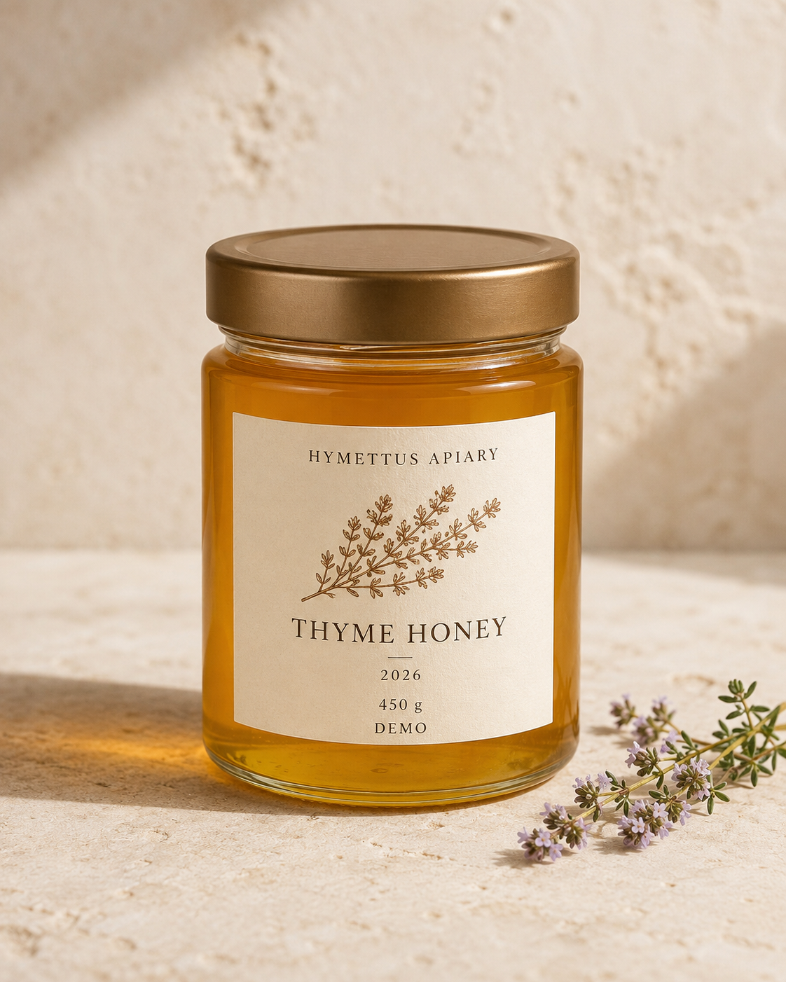 Hymettus Thyme Honey — Demo — AI-generated fictional packaging / συνθετική συσκευασία Demo